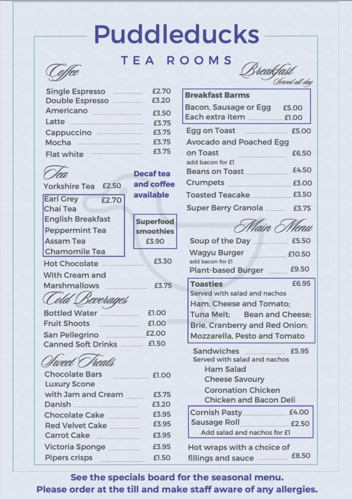 Menu from Puddleducks Tearooms, Dunsop Bridge